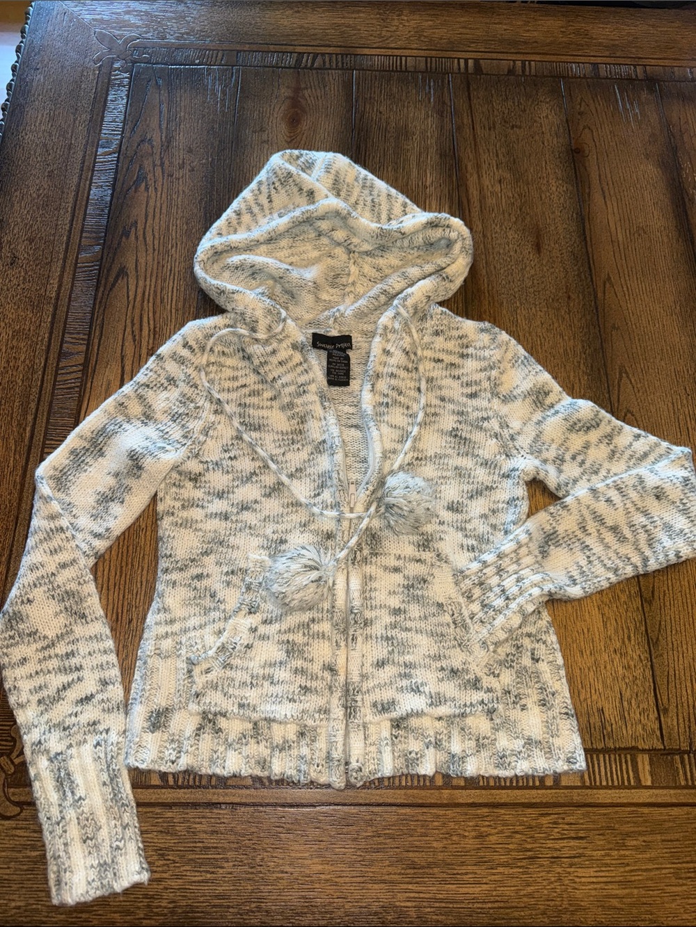 Sweater Project Cream and Gray Hooded Pom-Pom Zip Cardigan